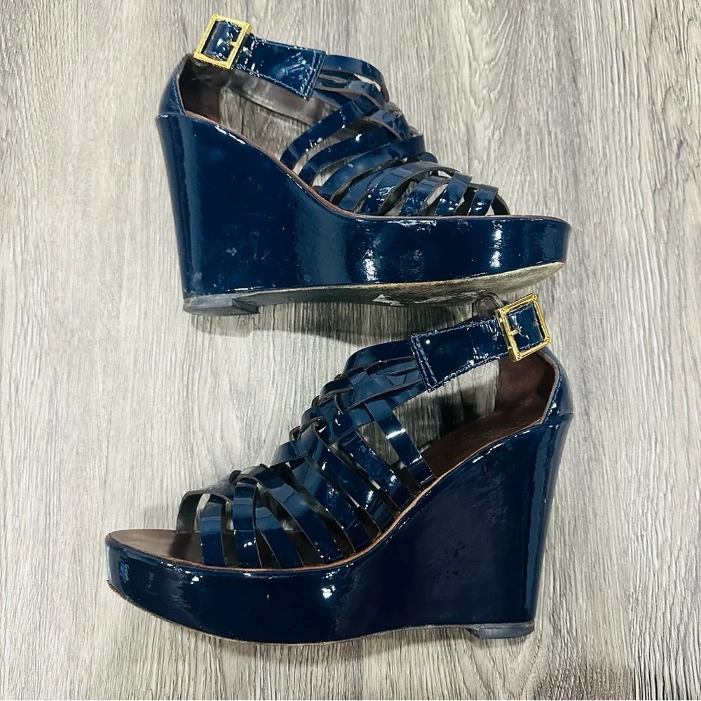 Tory Burch Blue and Brown Wedge Sandals with Stylish Straps